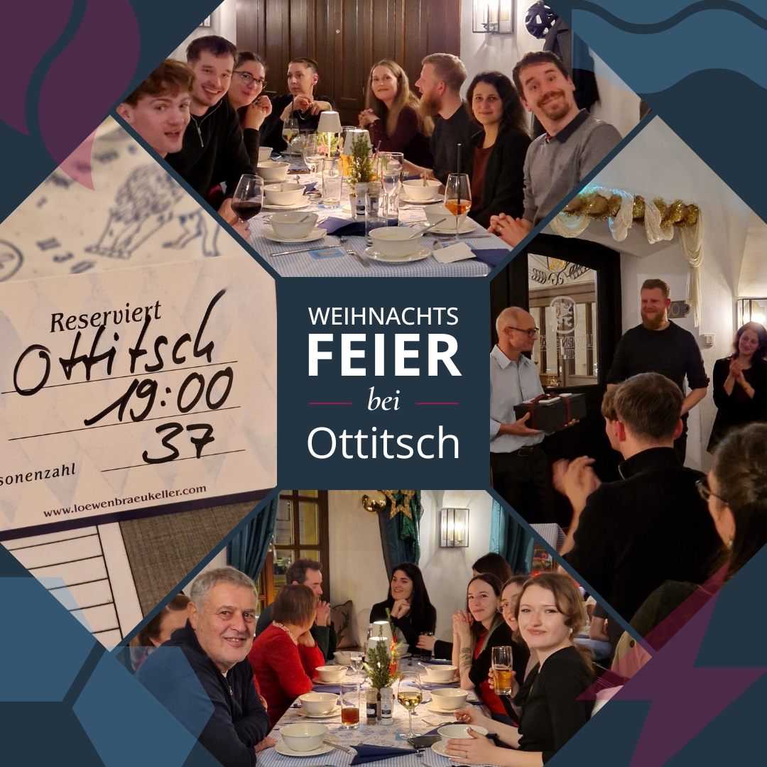 Vier Bilder der Weihnachtsfeier 2025. #TeamOttitsch sitzt zusammen, lacht, unterhält sich und isst